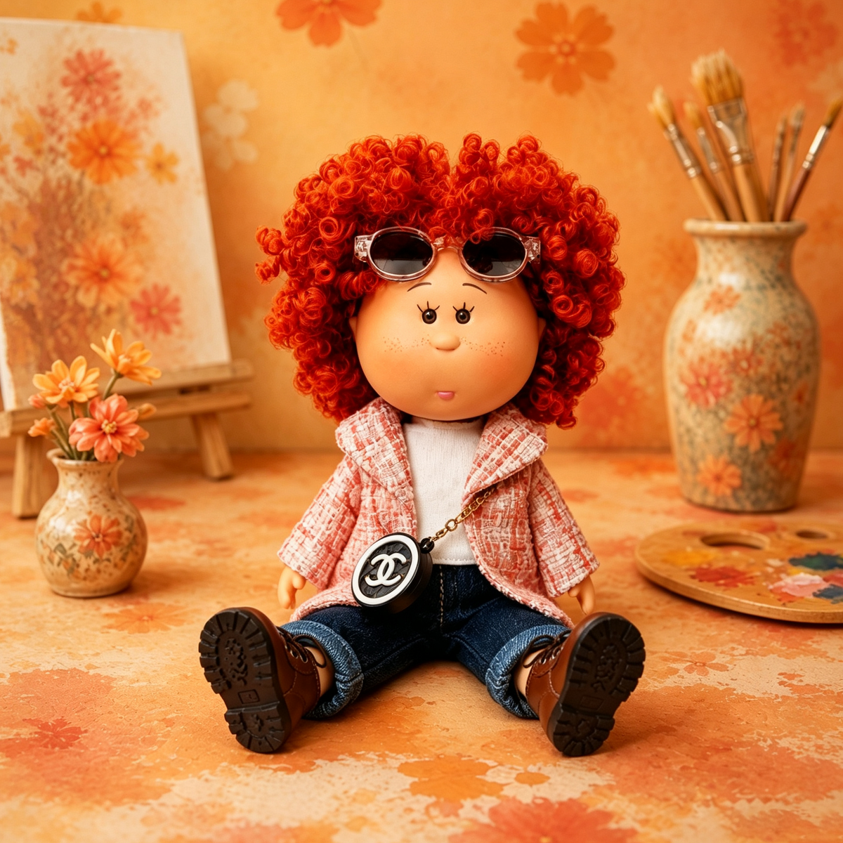24cm MIA Potato Doll Red Afro Curly Hair Tweed Coat Outfit Sunglasses Mini Crossbody Bag Vinyl Collectible Toy