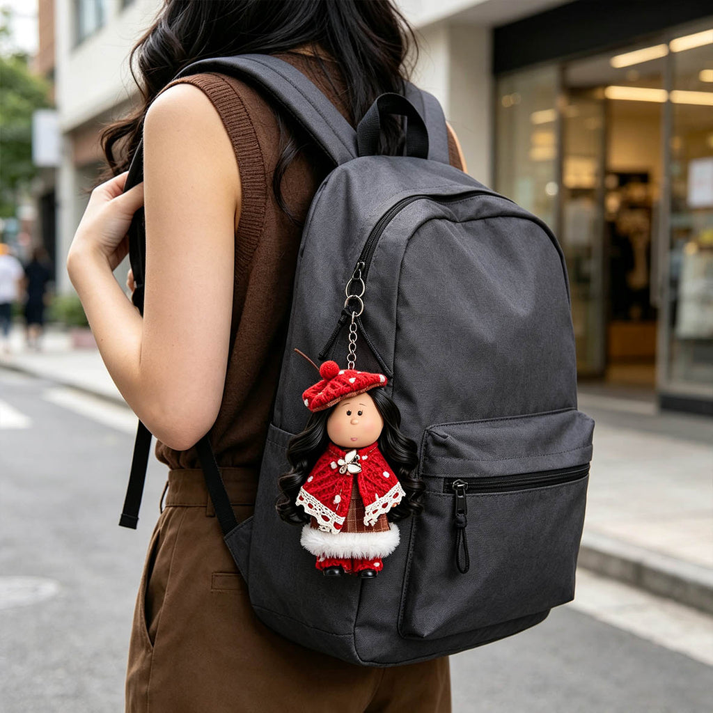 14cm MIA Potato Doll Keychain Pendant Long Wavy Black Hair Red Knit Mushroom Beret Polka‑Dot Crochet Cape Butterfly Brooch Plush Trim Plaid Dress Braided Lanyard Strap Winter Style Backpack Charm Birthday Christmas Holiday Gift for Girls & Doll Collectors