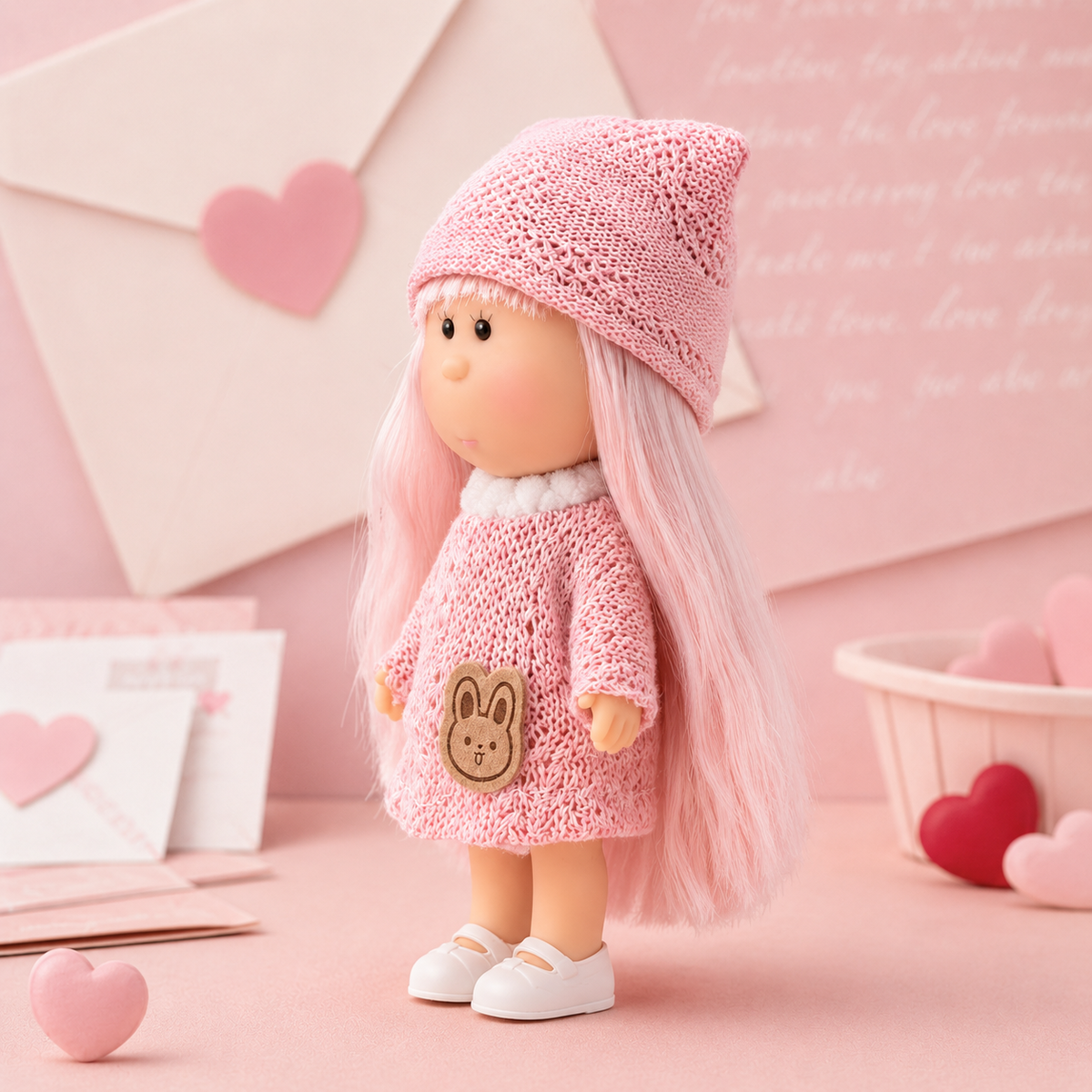 Sweet Pastel Style 14cm MIA Potato Doll Bag Charm Light Pink Hair Handmade Knit Outfit Rabbit Patch Portable Collectible Keychain Ornament Present for Kids & Hobbyists 标题 SEO 布局解析