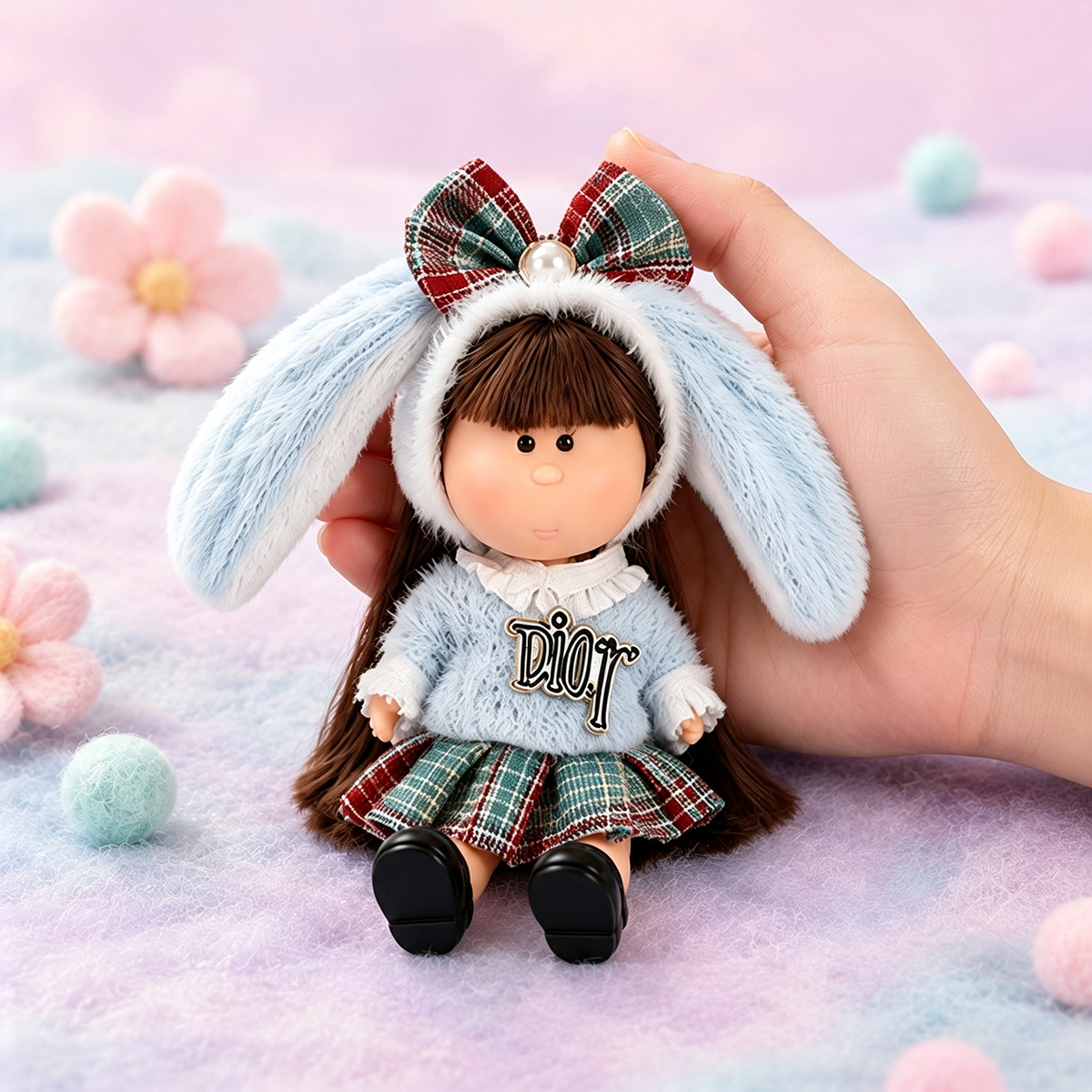 14cm MIA Potato Doll Keychain, Light Blue Furry Bunny Ear Hood Plaid Bow Plush Sweater Plaid Skirt Backpack Charm Holiday Gift