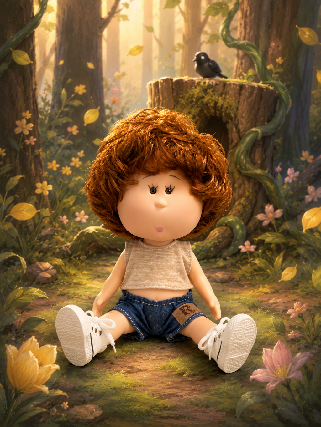 24cm MIA Potato Doll – Reddish-Brown Curly Hair, Sleeveless Tank Top, Denim Shorts, White Canvas Sneakers (Vinyl Collectible Toy) – Birthday Gift / Christmas Toy