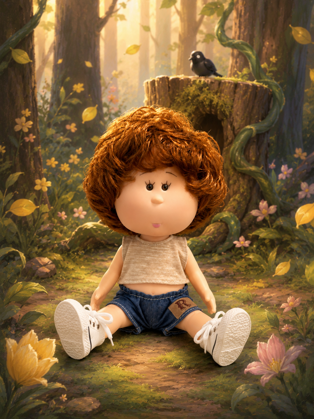 24cm MIA Potato Doll – Reddish-Brown Curly Hair, Sleeveless Tank Top, Denim Shorts, White Canvas Sneakers (Vinyl Collectible Toy) – Birthday Gift / Christmas Toy