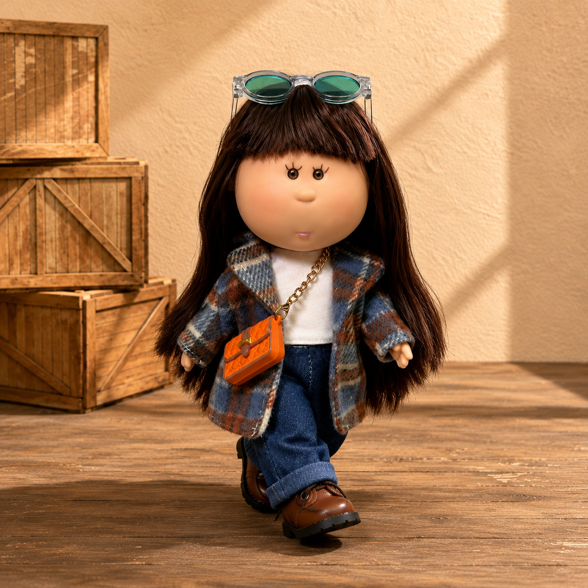 24cm MIA Potato Doll Straight Bangs Long Brown Hair Plaid Woolen Coat Denim Pants Glasses Crossbody Bag Removable Retro Outfit Toy Gift for Collectors