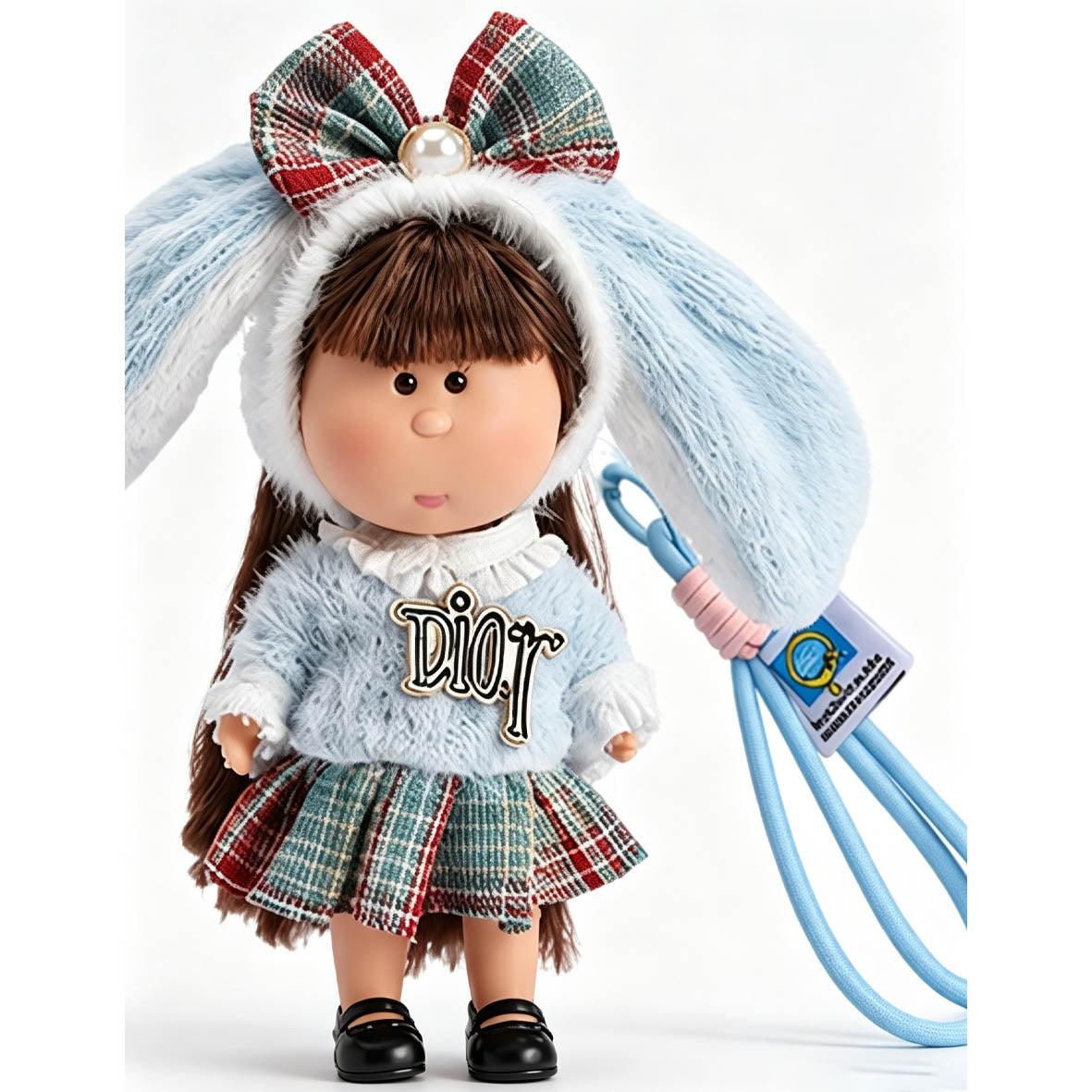 14cm MIA Potato Doll Keychain, Light Blue Furry Bunny Ear Hood Plaid Bow Plush Sweater Plaid Skirt Backpack Charm Holiday Gift