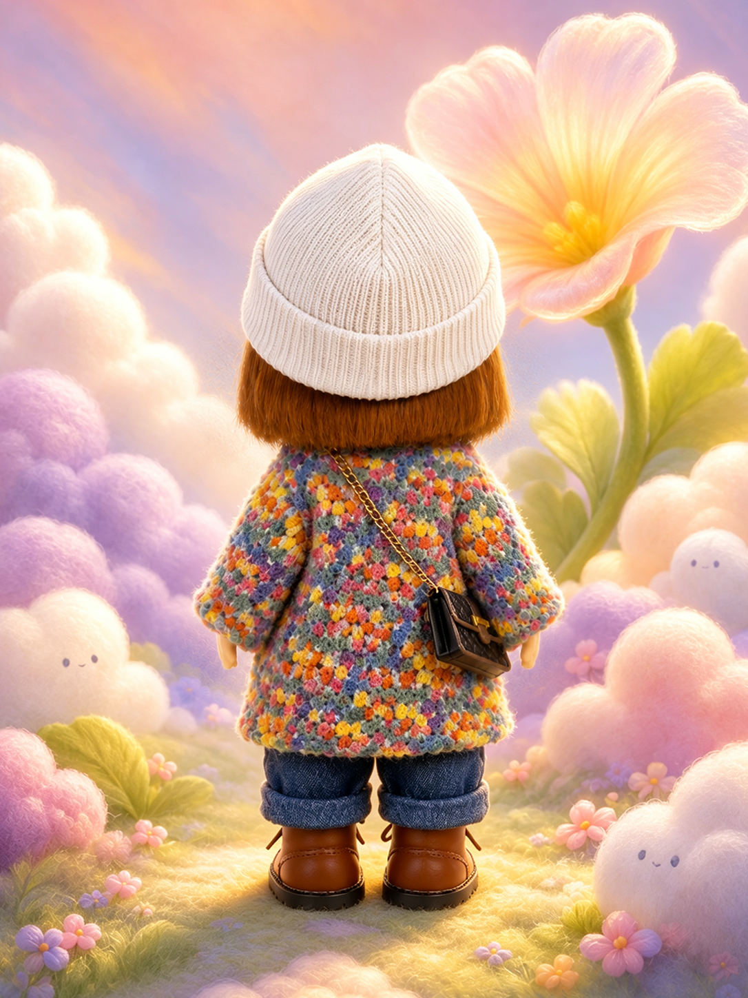 24cm MIA Potato Doll — Brown bob hairstyle, white knitted beanie, colorful crochet jacket, crossbody bag; collectible vinyl toy; gift for girls, Christmas/autumn decor, Thanksgiving gift.
