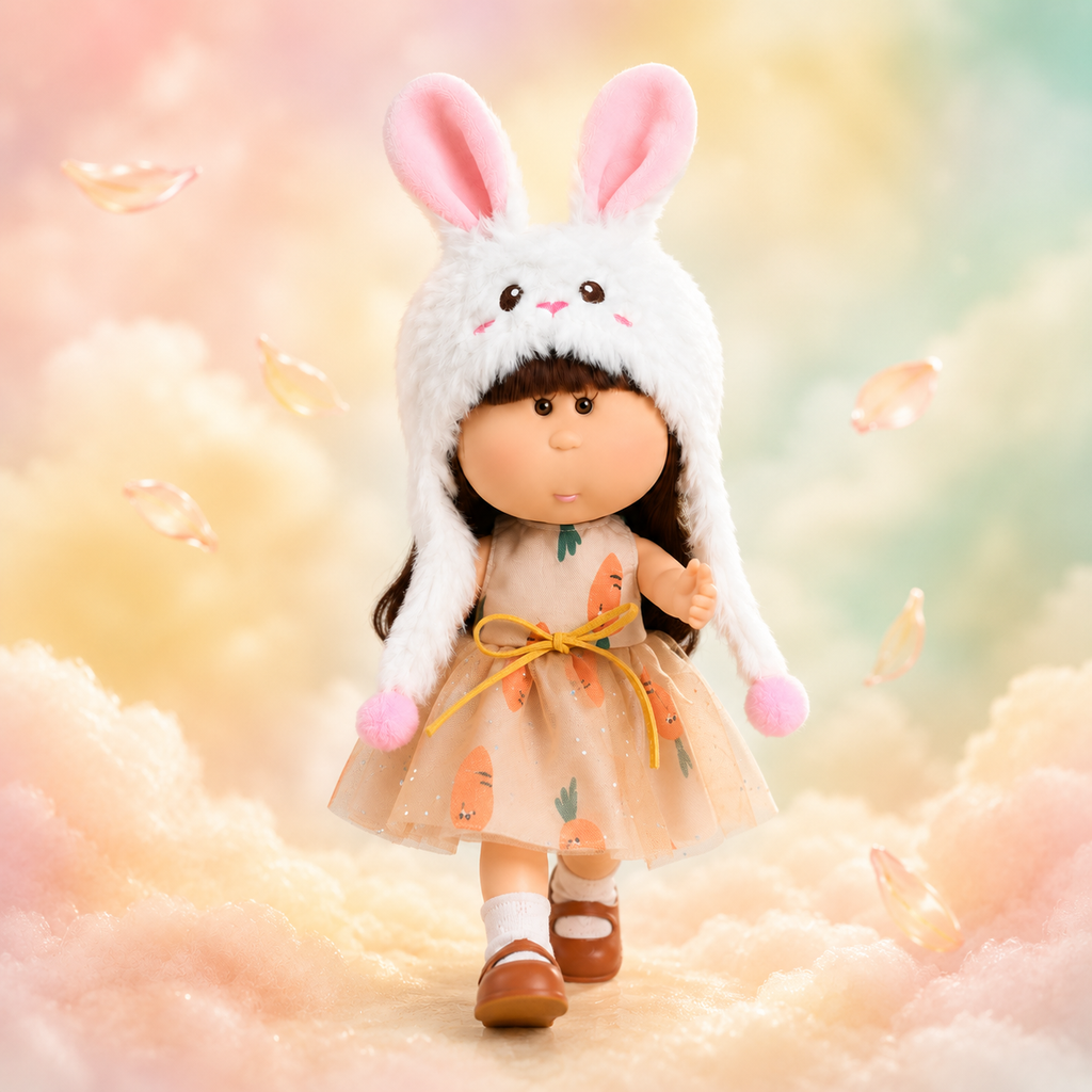 24cm Mia Round-Faced Doll – Features Brown Bangs, Fluffy White Rabbit-Ear Hat, and Carrot-Print Glitter Tulle Dress; Collectible Dress-Up Doll – Pastoral Bunny-Themed Gift for Girls & Collectors (Easter/Christmas Gift)