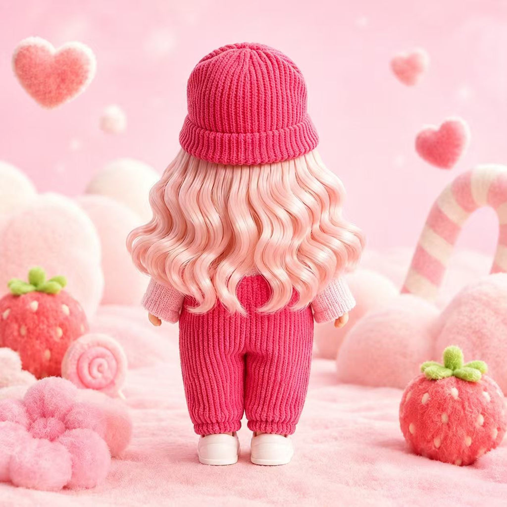 14cm MIA Potato Doll Keychain, Pink Wavy Hair Strawberry Knit Hat Pink Knit Overalls Sweet Girl Style Backpack Charm Holiday Gift