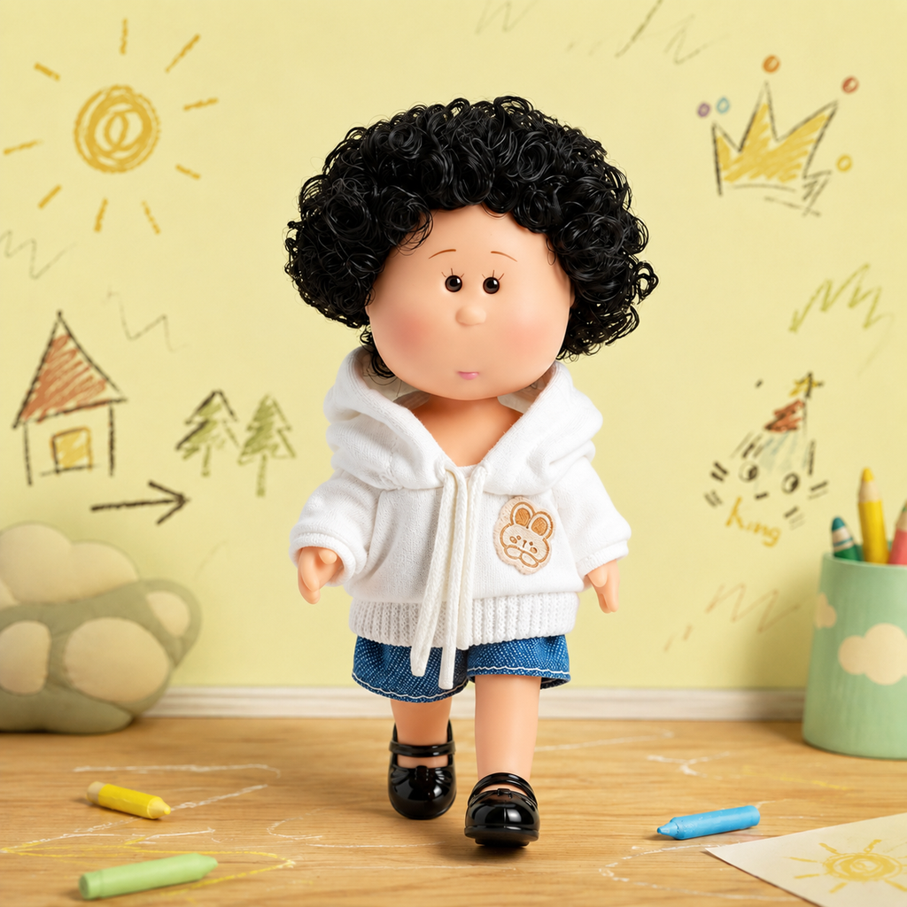 14cm MIA Potato Doll Keychain, Black Curly Hair White Bunny‑Patch Hoodie Denim Shorts Casual Style Backpack Charm Gift for Collectors