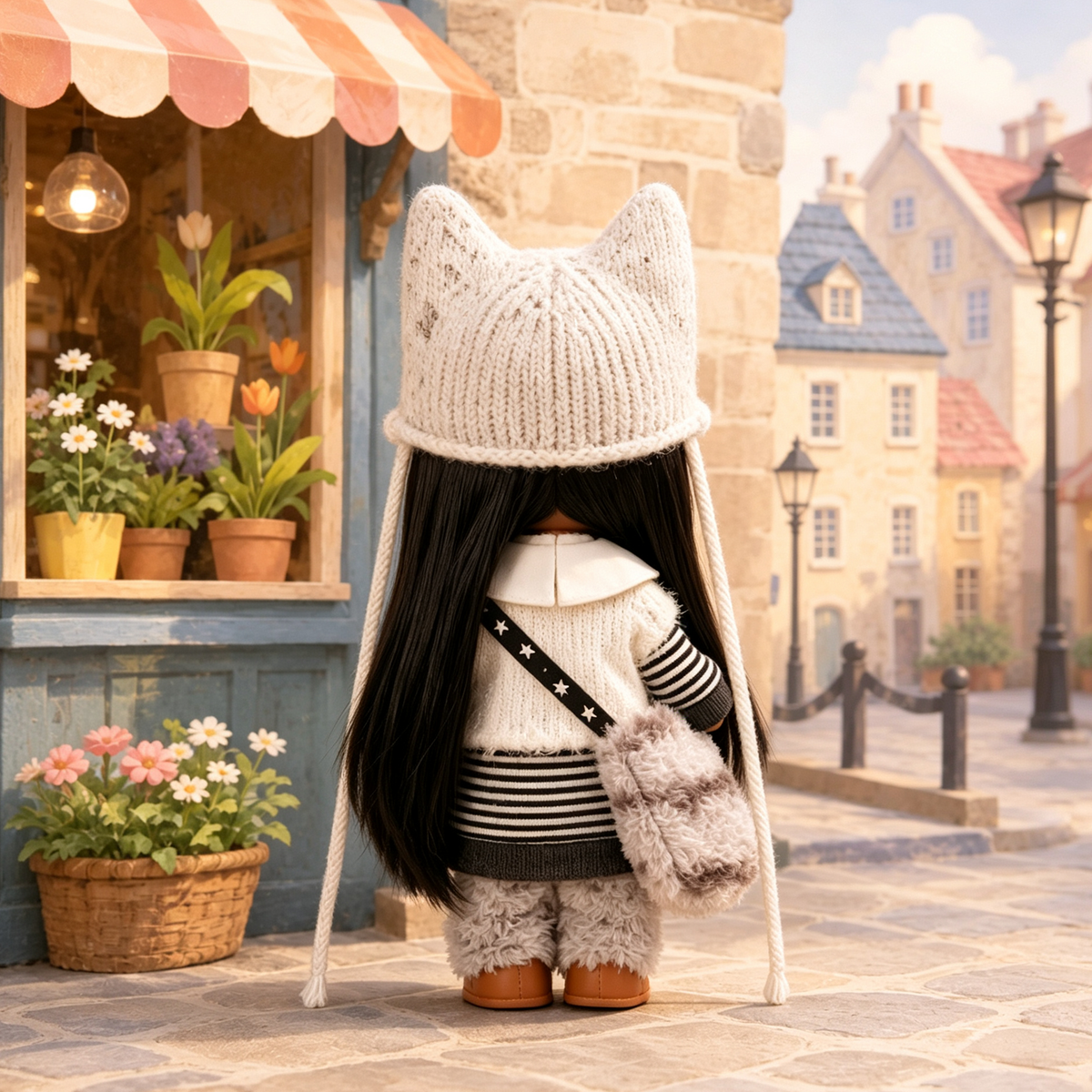 24cm MIA Potato Doll Dark Skin Cat‑Ear Knit Hat Fuzzy Monochrome Winter Outfit Plush Crossbody Bag Vinyl Collectible Toy