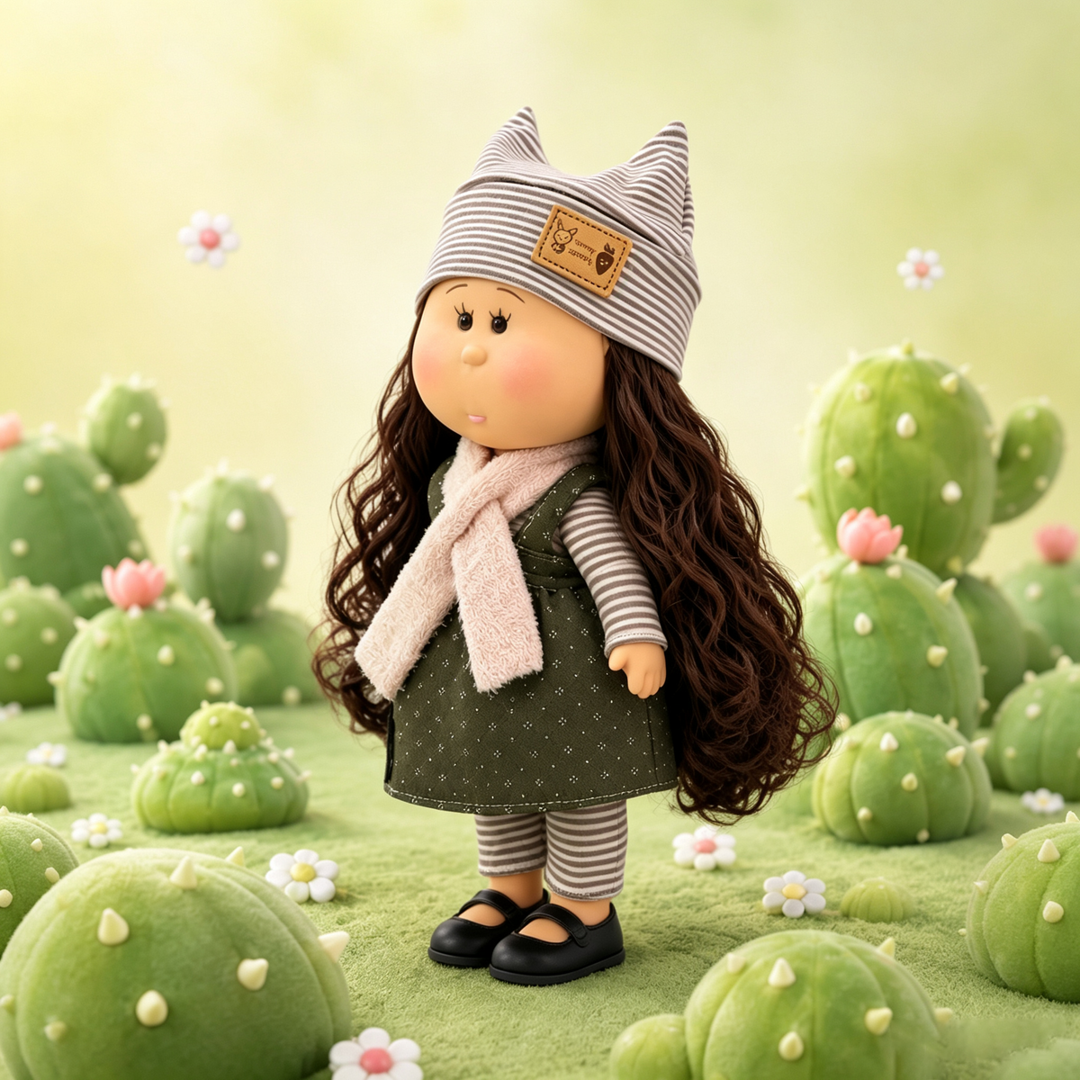 24cm MIA Potato Doll Curly Brown Hair Striped Cat‑Ear Hat Autumn Layered Outfit Removable Clothing Toy Gift for Collectors & Kids