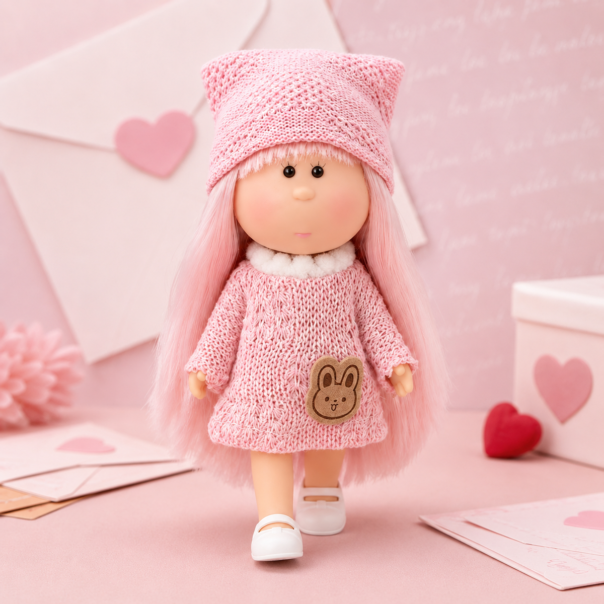 Sweet Pastel Style 14cm MIA Potato Doll Bag Charm Light Pink Hair Handmade Knit Outfit Rabbit Patch Portable Collectible Keychain Ornament Present for Kids & Hobbyists 标题 SEO 布局解析