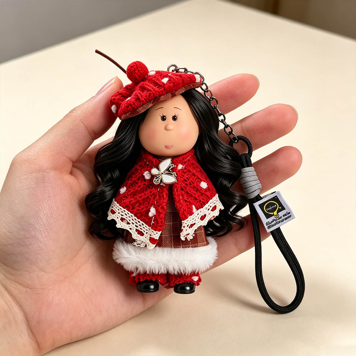 14cm MIA Potato Doll Keychain Pendant Long Wavy Black Hair Red Knit Mushroom Beret Polka‑Dot Crochet Cape Butterfly Brooch Plush Trim Plaid Dress Braided Lanyard Strap Winter Style Backpack Charm Birthday Christmas Holiday Gift for Girls & Doll Collectors