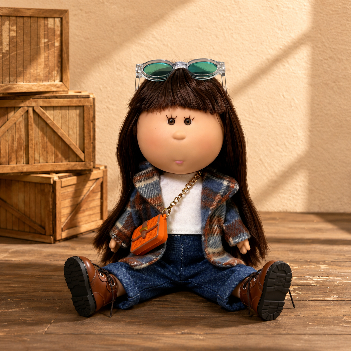24cm MIA Potato Doll Straight Bangs Long Brown Hair Plaid Woolen Coat Denim Pants Glasses Crossbody Bag Removable Retro Outfit Toy Gift for Collectors