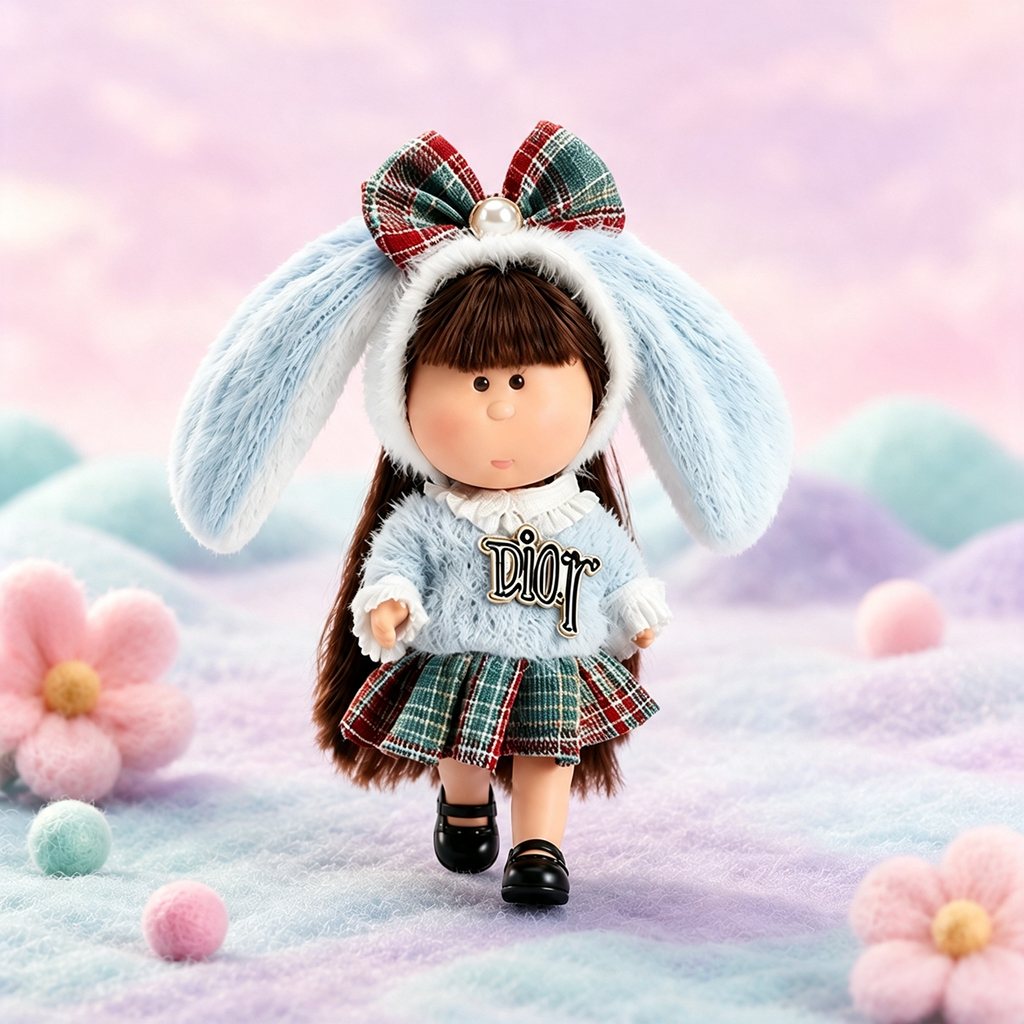 14cm MIA Potato Doll Keychain, Light Blue Furry Bunny Ear Hood Plaid Bow Plush Sweater Plaid Skirt Backpack Charm Holiday Gift