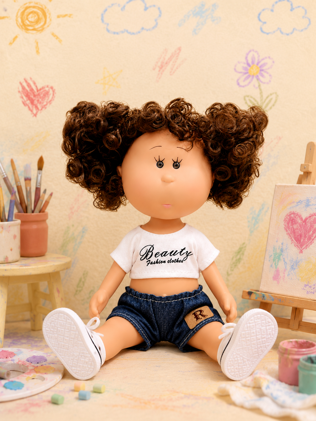 24cm MIA Potato Doll Afro Curly Hair Cropped Print T‑Shirt Denim Shorts Sneakers Removable Street Style Outfit Toy Gift for Kids Collectors