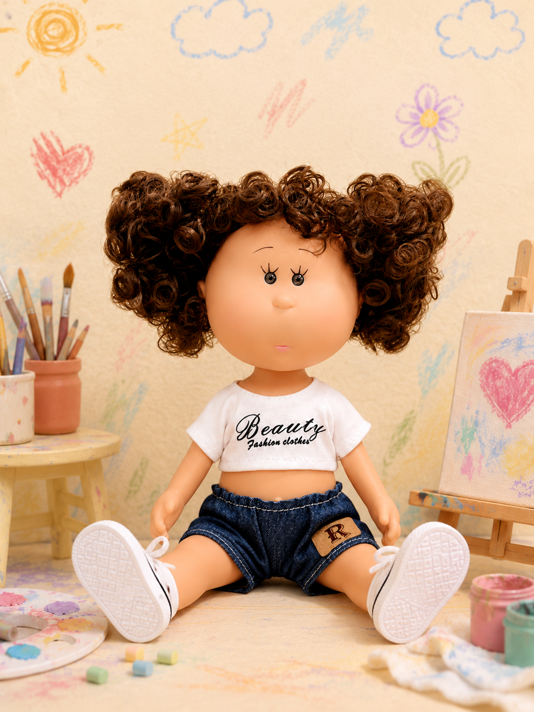 24cm MIA Potato Doll Afro Curly Hair Cropped Print T‑Shirt Denim Shorts Sneakers Removable Street Style Outfit Toy Gift for Kids Collectors