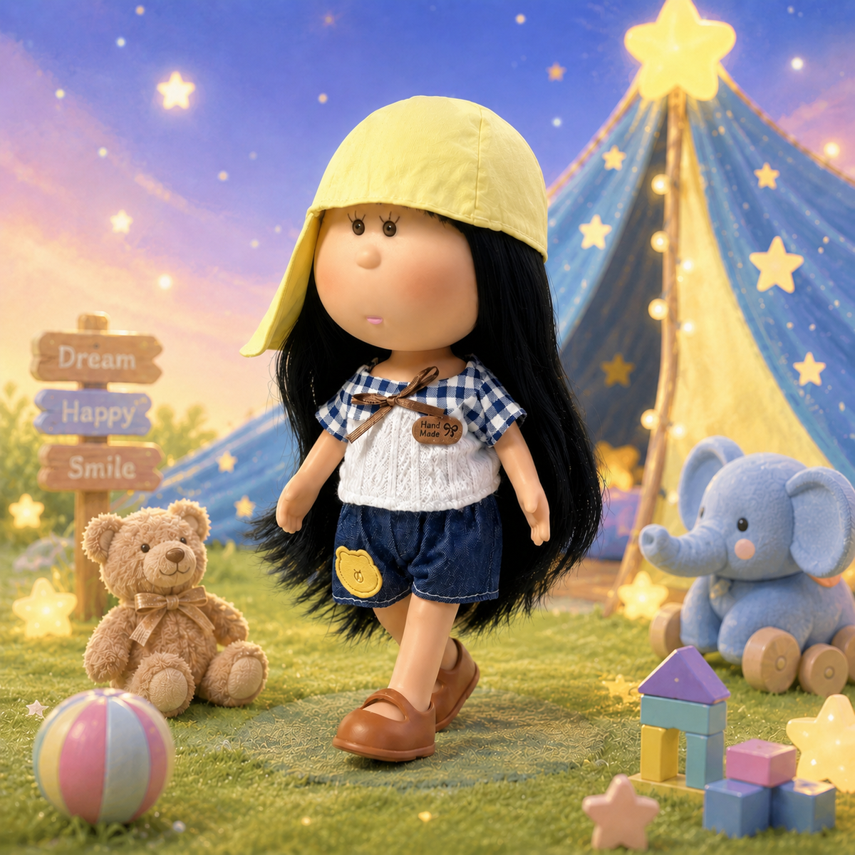 24cm MIA Potato Doll Long Straight Black Hair with Light Yellow Peaked Cap Plaid Spliced Knit Top Bear Patch Denim Shorts Brown Mary Jane Shoes Casual Dress‑Up Toy Birthday Christmas Gift for Children