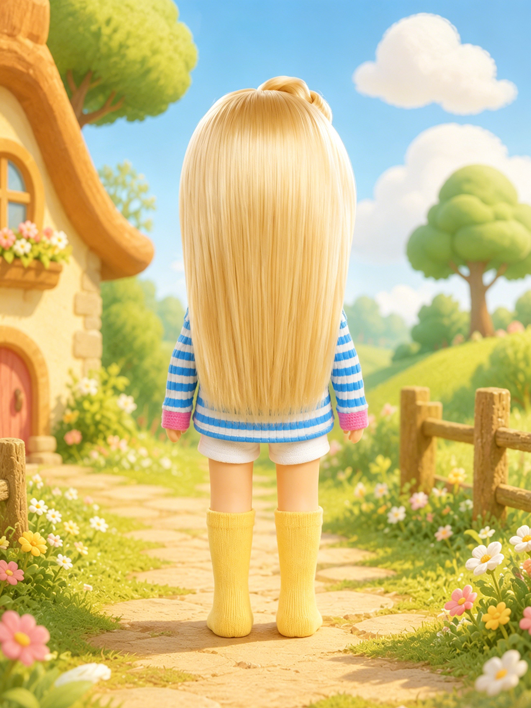 24cm Mia Long‑Face Doll, Blonde Straight Hair Cartoon Frog  Striped Knit Top Casual Outfit Collectible Dress‑Up Doll, Playful Fun Gift for Girls & Doll Hobbyists