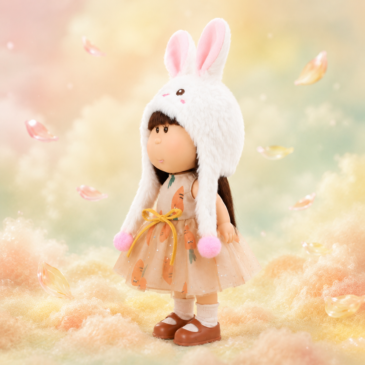 24cm Mia Round-Faced Doll – Features Brown Bangs, Fluffy White Rabbit-Ear Hat, and Carrot-Print Glitter Tulle Dress; Collectible Dress-Up Doll – Pastoral Bunny-Themed Gift for Girls & Collectors (Easter/Christmas Gift)