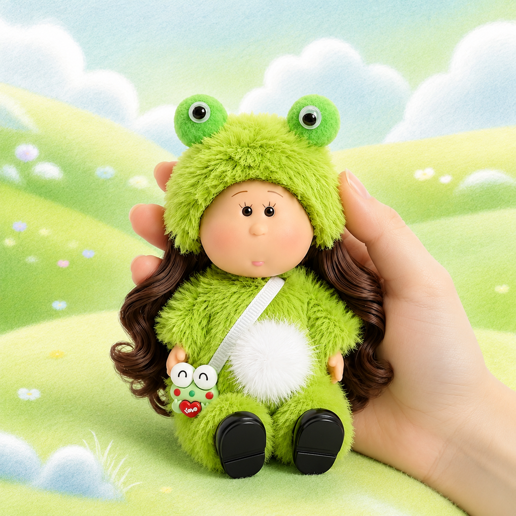 14cm MIA Potato Doll Fun Frog Cosplay Style 14cm MIA Potato Doll Bag Charm Brown Curly Hair Green Fuzzy Frog Costume Frog Shaped Mini Bag Portable Collectible Keychain Ornament Present for Kids & Hobbyists
