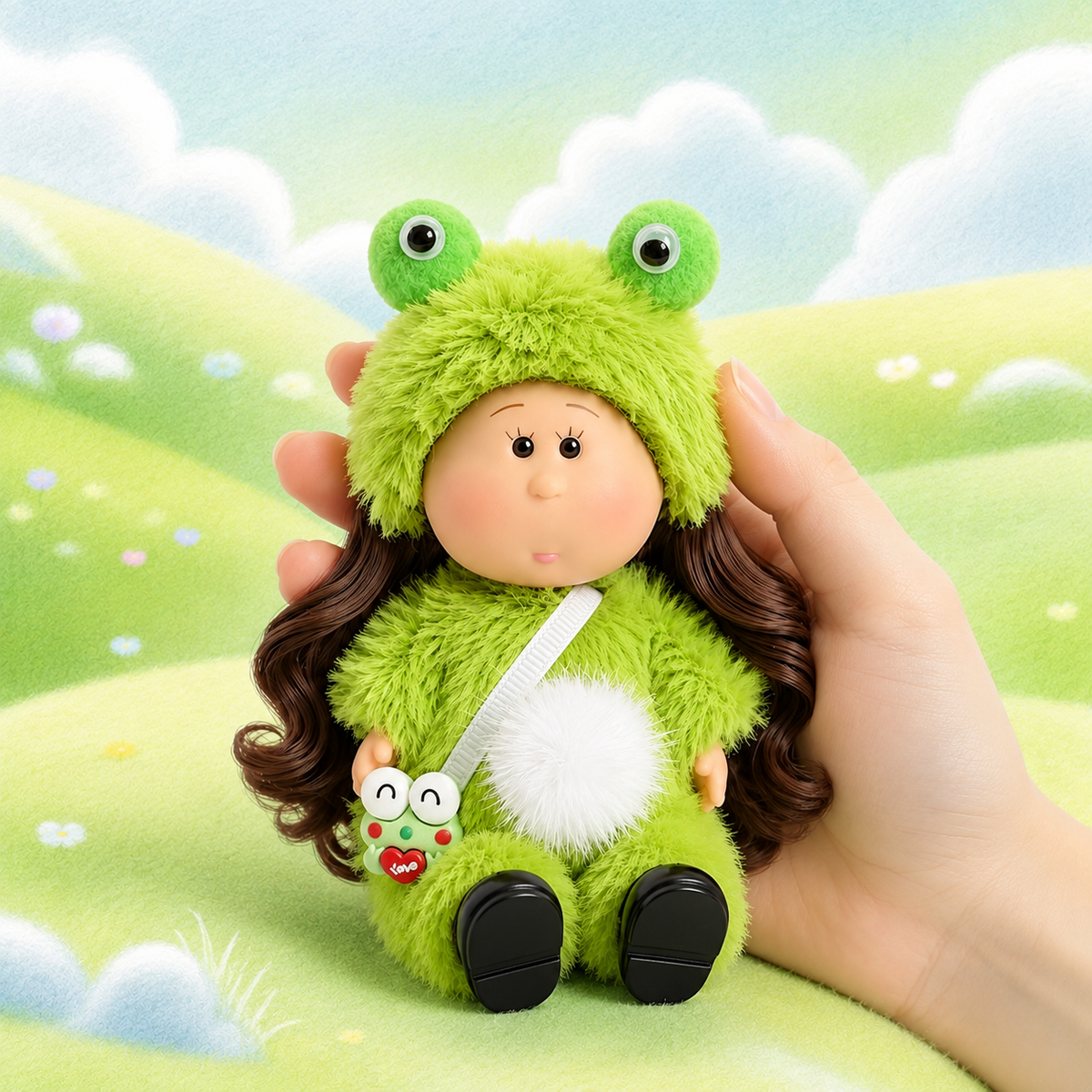14cm MIA Potato Doll Fun Frog Cosplay Style 14cm MIA Potato Doll Bag Charm Brown Curly Hair Green Fuzzy Frog Costume Frog Shaped Mini Bag Portable Collectible Keychain Ornament Present for Kids & Hobbyists