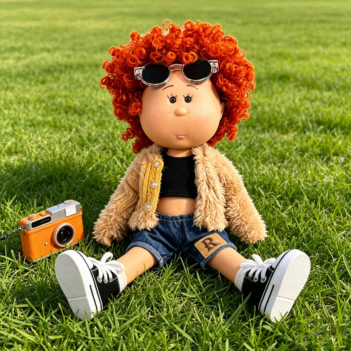 Hip‑hop Street Style MIA Potato Doll 24cm Red Afro Curly Hair Doll Fleece Denim Outfit Pretend Play Collectible Toy Holiday Present for Boys & Girls