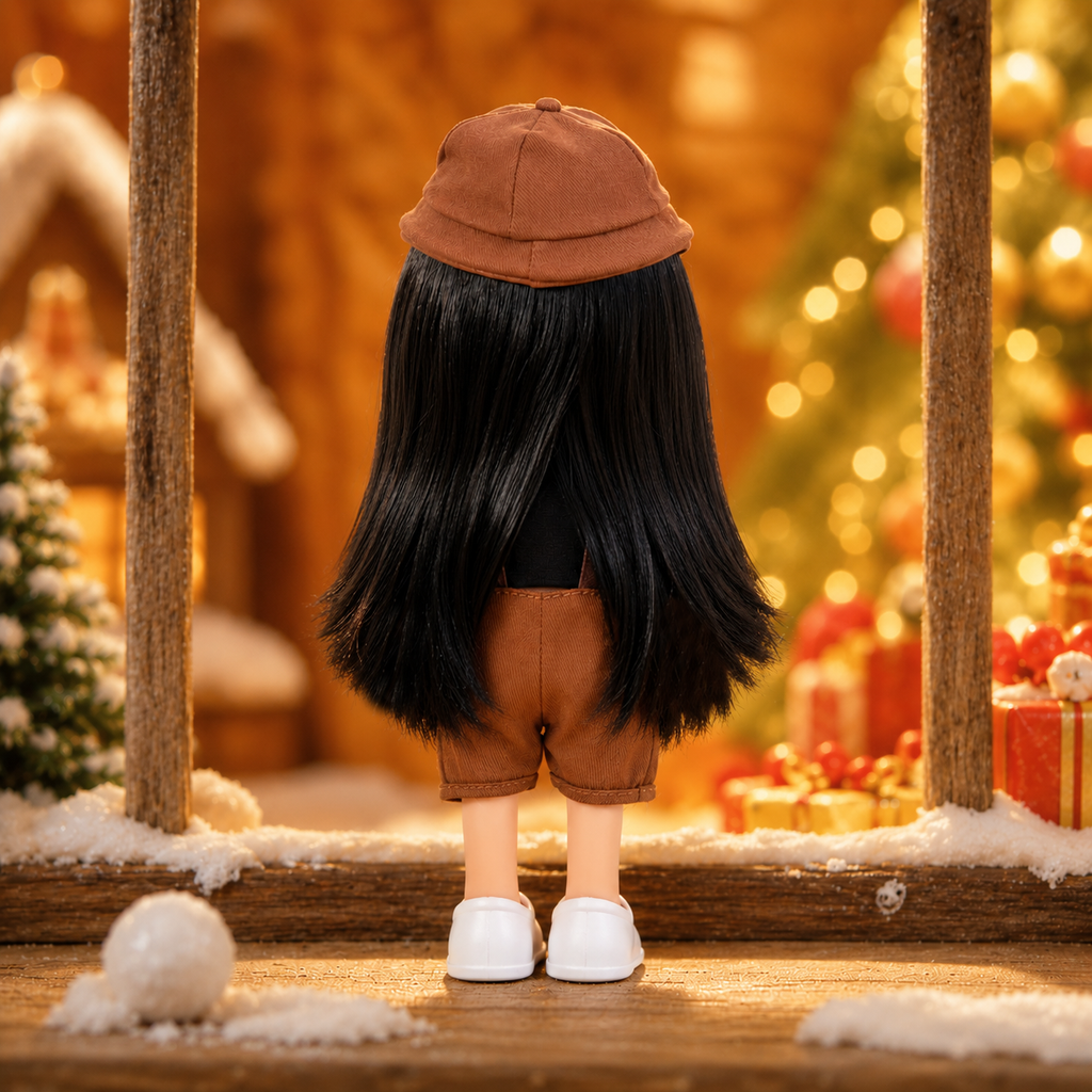 24cm MIA Potato Doll Long Straight Black Hair with Smile‑Label Brown Beret Black Crop Top Brown Corduroy Suspender Shorts White Mary Jane Shoes Fashion Dress‑Up Toy Birthday Christmas Gift for Children