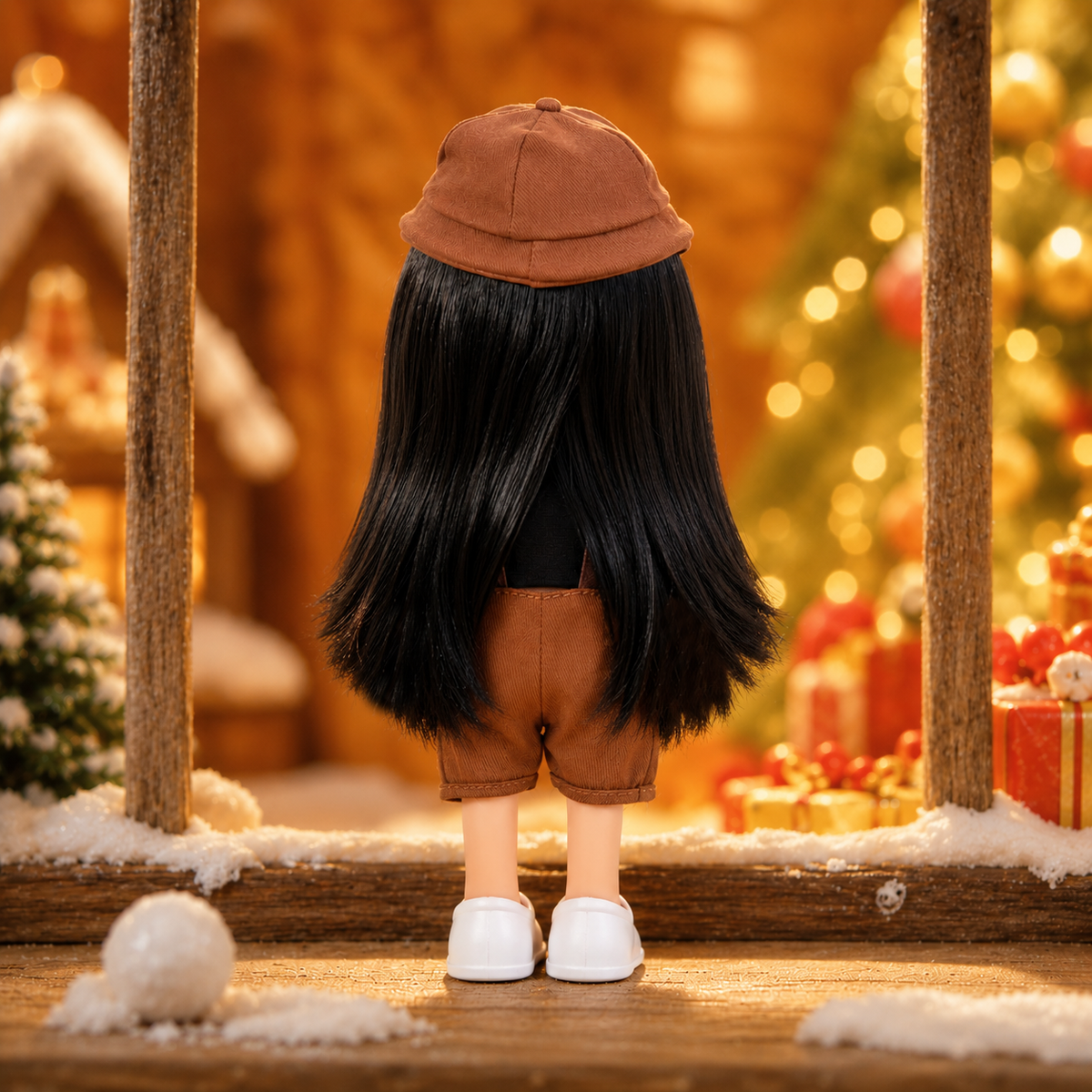 24cm MIA Potato Doll Long Straight Black Hair with Smile‑Label Brown Beret Black Crop Top Brown Corduroy Suspender Shorts White Mary Jane Shoes Fashion Dress‑Up Toy Birthday Christmas Gift for Children