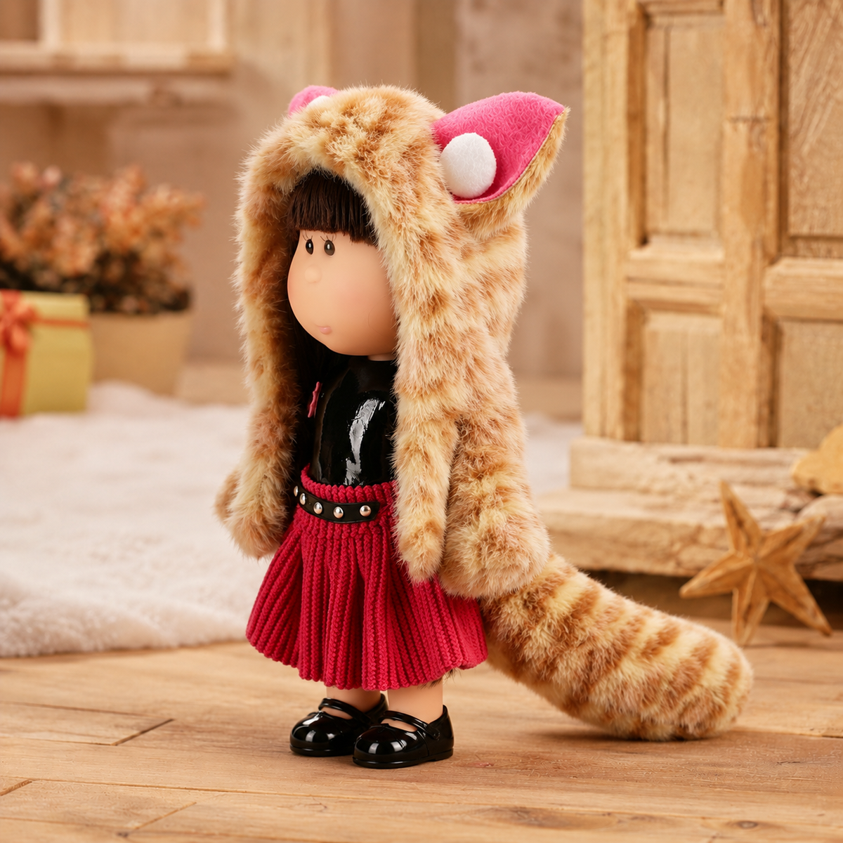 14cm MIA Potato Doll Keychain, Fox‑Ear Furry Coat Red Knit Skirt Animal Cosplay Style Backpack Charm Holiday Gift