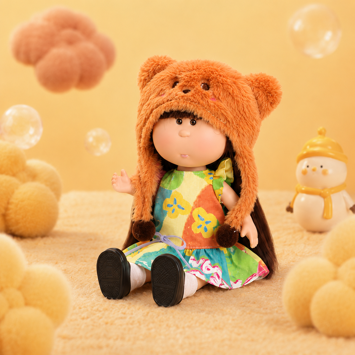 24cm Mia Round‑Face Doll, Brown Straight Bangs Hair Brown Bear Fuzzy Trapper Hat Oil‑Painting Floral Flutter‑Sleeve Dress Collectible Dress‑Up Doll, Playful Forest Style Gift for Girls & Doll Collectors