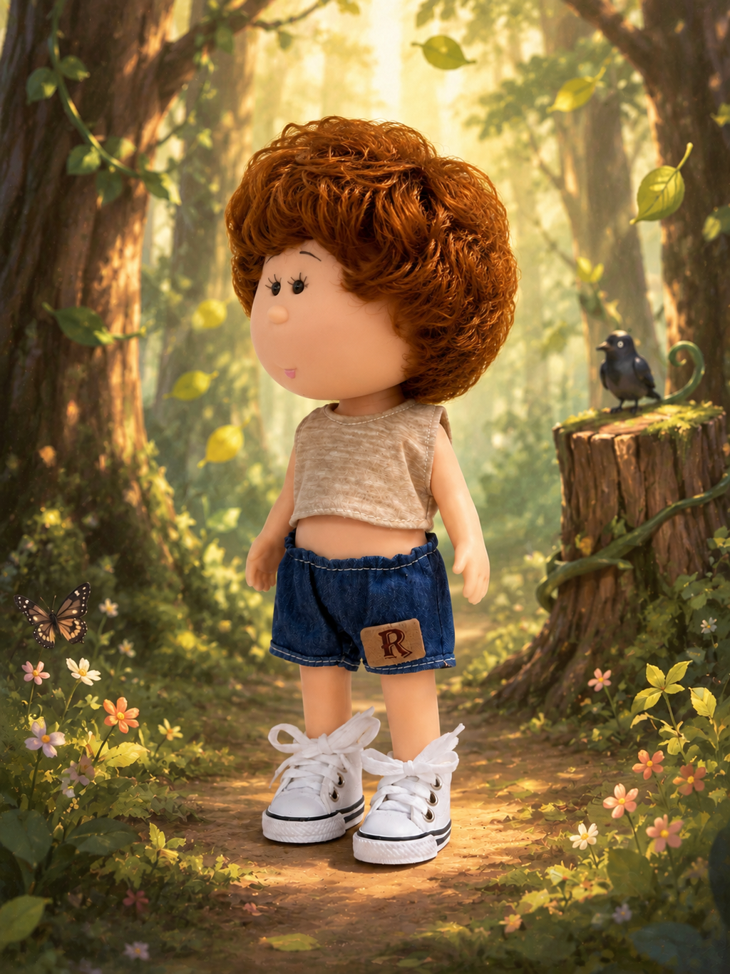24cm MIA Potato Doll – Reddish-Brown Curly Hair, Sleeveless Tank Top, Denim Shorts, White Canvas Sneakers (Vinyl Collectible Toy) – Birthday Gift / Christmas Toy