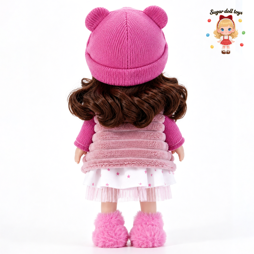 30cm Spanish Mia Potato Doll Pink Plush Bear-Ear Winter Outfit Set, Handmade DIY Dress-Up Collectible Toy, Birthday Holiday Gift for Girls