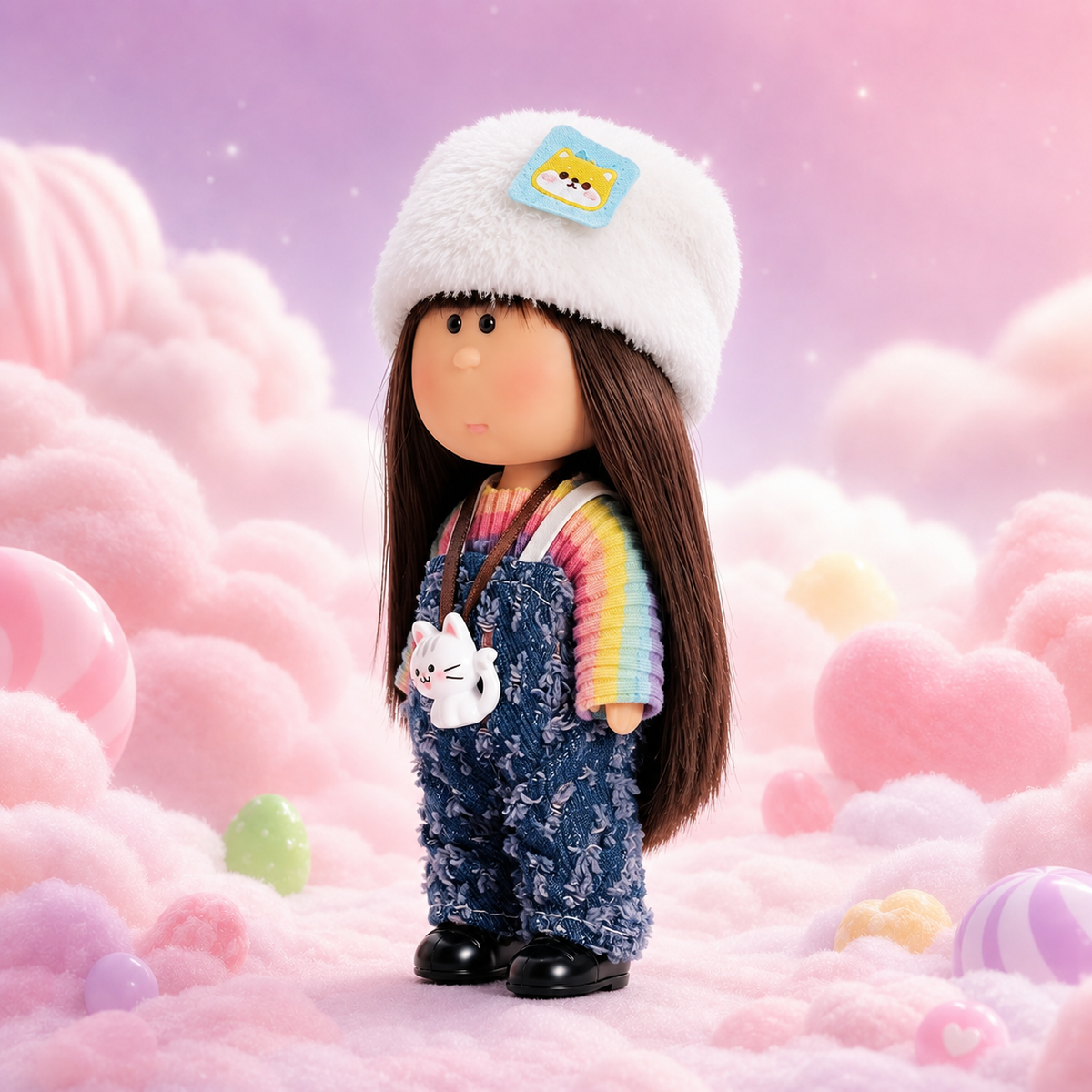 14cm MIA Potato Doll Keychain Pendant Long Straight Brown Hair Fluffy White Cat Patch Hat Rainbow Gradient Knit Top Distressed Denim Overalls White Cat Charm Lanyard Strap Cute Wearable Collectible Bag Accessory Birthday Christmas Holiday Gift for Girls