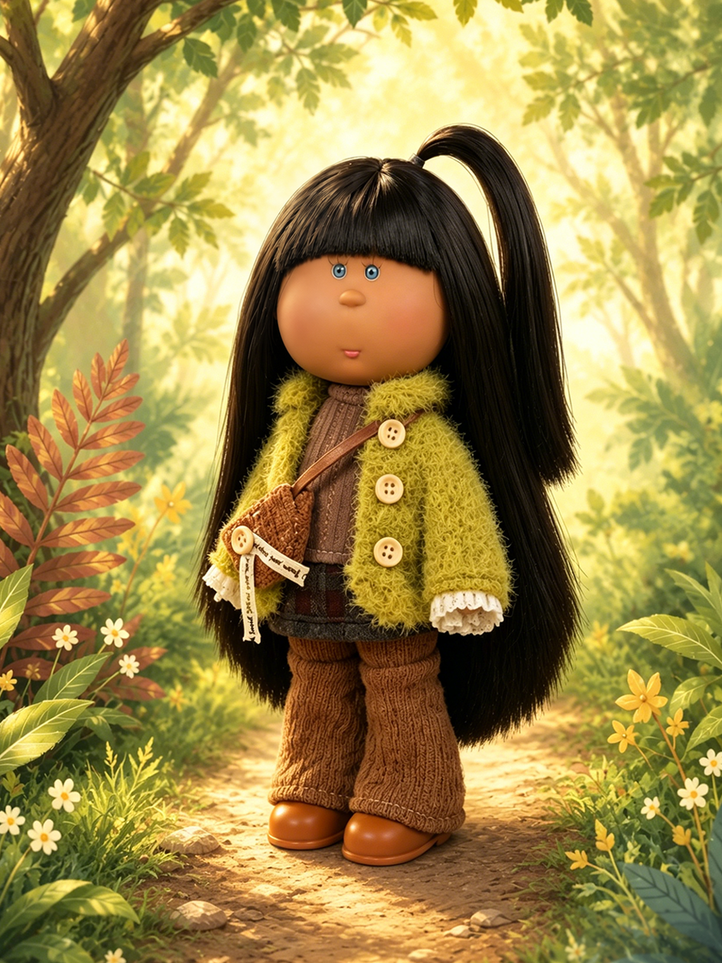 24 CM MIA Potato Dark‑Skin Vinyl Doll Straight Black  Handmade Fabric Crossbody Pouch  Removable Full Autumn Outfit Warm Retro Style Collectible Toy Birthday Gift For Hobbyist Doll Collectors
