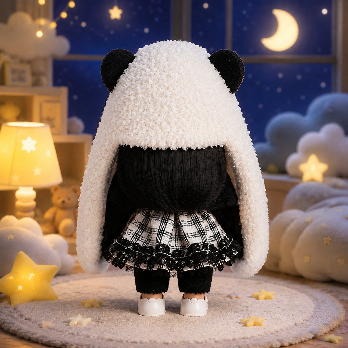 14cm MIA Potato Doll Keychain Pendant Straight Black Hair Panda‑Ear Fluffy Hood Baby Bear Patch Black Fuzzy Shrug Camellia Brooch Plaid Lace Skirt Woven Lanyard Strap Cute Backpack Ornament Birthday Christmas Holiday Gift for Girls & Doll Collectors