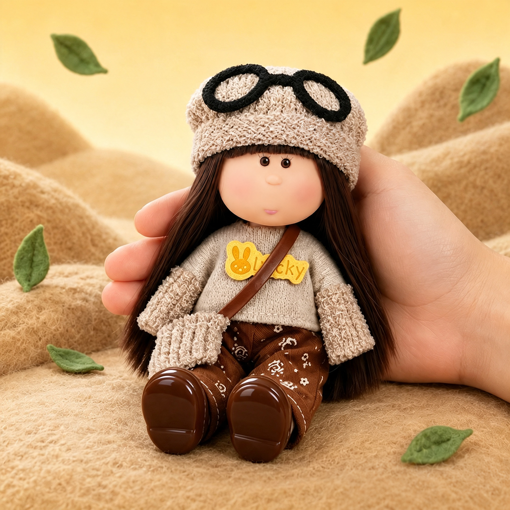 14cm MIA Potato Doll Keychain, Knit Beanie with Glasses Patchwork Sweater Casual Brown Pants Backpack Charm Gift Cafe Retro Style MIA Potato Doll Bag Charm Knitted Outfit Crossbody Strap Portable Collectible Keychain