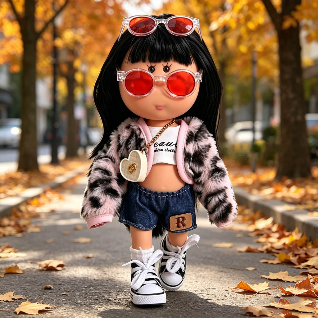 Sweet Urban Street Style MIA Potato Doll 24cm Straight Black Bangs Hair Doll Fur Denim Outfit Pretend Play Collectible Toy Holiday Present for Boys & Girls