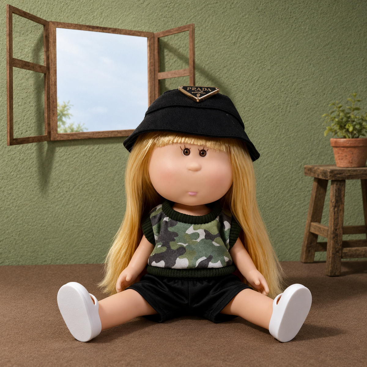 24cm MIA Potato Doll Long Straight Blonde Hair with Black Logo Bucket Hat Camouflage Knit Trim Sleeveless Top Black PU Shorts White Mary Jane Shoes Fashion Dress‑Up Toy Birthday Christmas Gift for Children