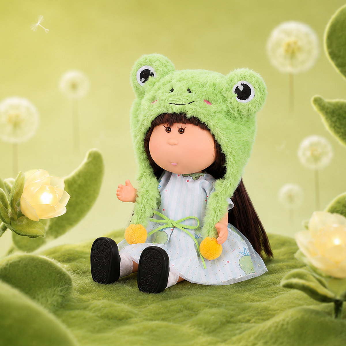 24cm Mia Round‑Face Doll, Brown Straight Bangs Hair Fluffy Frog Earflap Hat Frog Print Tulle Dress Collectible Dress‑Up Doll, Fresh Cute Animal‑Theme Gift for Girls & Doll Collectors