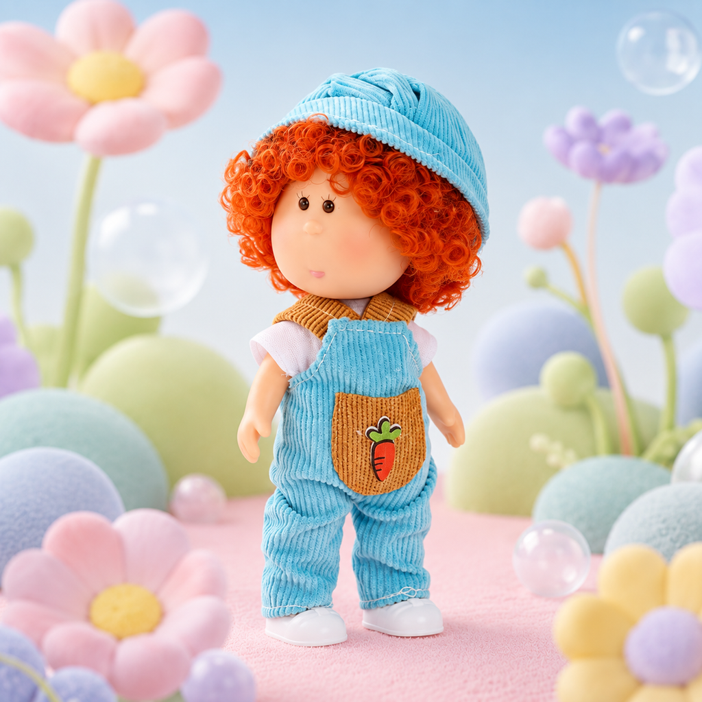 14cm MIA Potato Doll Keychain Pendant Fluffy Red Curly Hair Light Blue Corduroy Hat Carrot Patch Overalls White Inner Shirt White Shoes Braided Blue Lanyard Strap Farm Casual Style Backpack Charm Birthday Christmas Holiday Gift for Kids & Doll Collectors