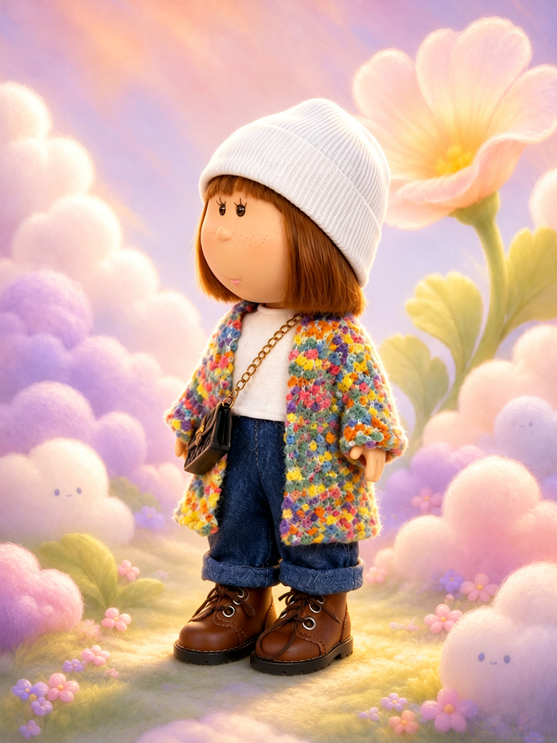 24cm MIA Potato Doll — Brown bob hairstyle, white knitted beanie, colorful crochet jacket, crossbody bag; collectible vinyl toy; gift for girls, Christmas/autumn decor, Thanksgiving gift.