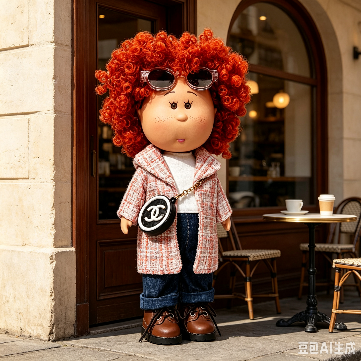 24cm MIA Potato Doll Red Afro Curly Hair Tweed Coat Outfit Sunglasses Mini Crossbody Bag Vinyl Collectible Toy