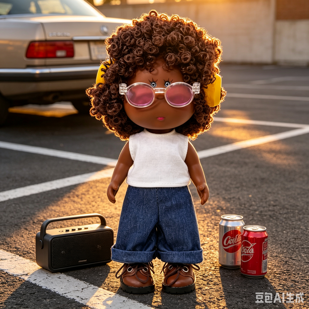 24 CM MIA Potato Vinyl Doll Dark Skin Tone Afro Curly Brown Hair Pink Lens Clear Glasses Yellow Headphones White Sleeveless Top Rolled Denim Jeans Brown Leather Shoes Removable Outfit DIY Dress Up Collectible Toy Birthday Gift For Kids & Adult Collectors