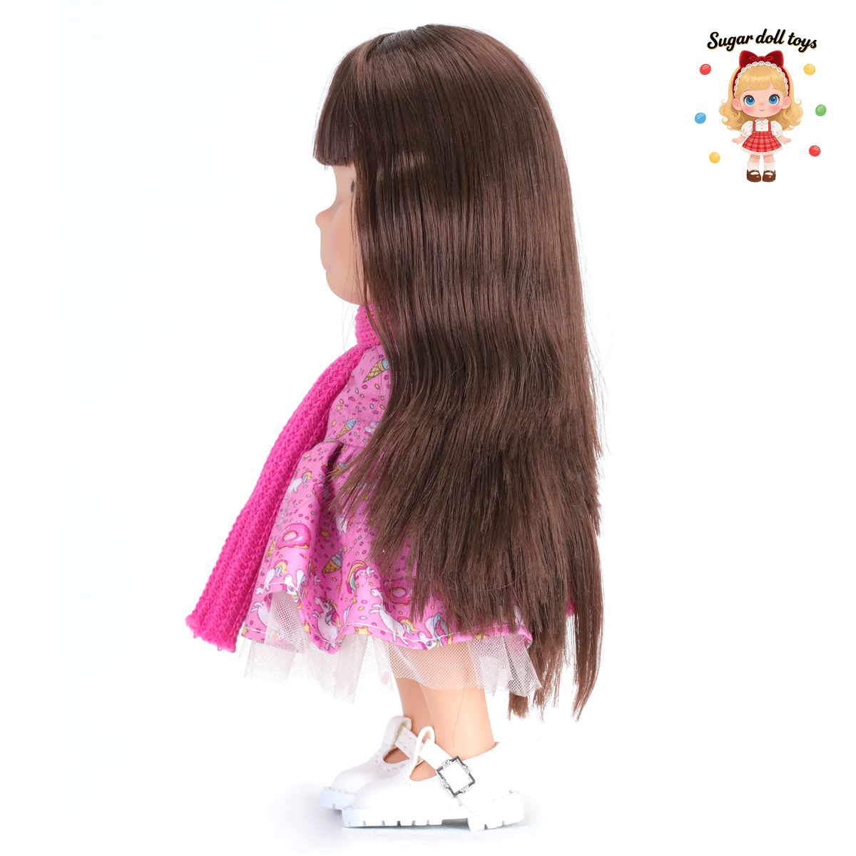 24cm Mia Freckle Long‑Face Doll, Pink Unicorn Print Tulle Dress Knit Scarf Collectible Dress‑Up Doll, Sweet Girly Gift for Girls & Doll Lovers