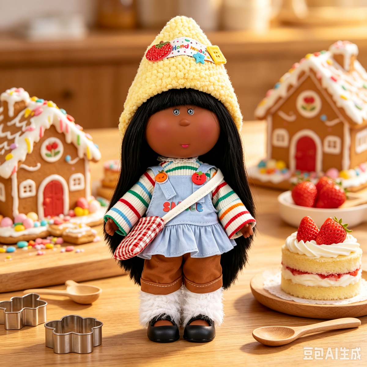 Handmade Cute Farm-Style Mia Doll – Featuring Fruit Pin Accessory, Plaid Crossbody Bag, and DIY Dress-Up Outfit; Ideal for Themed Gifts, Birthdays, and Christmas.