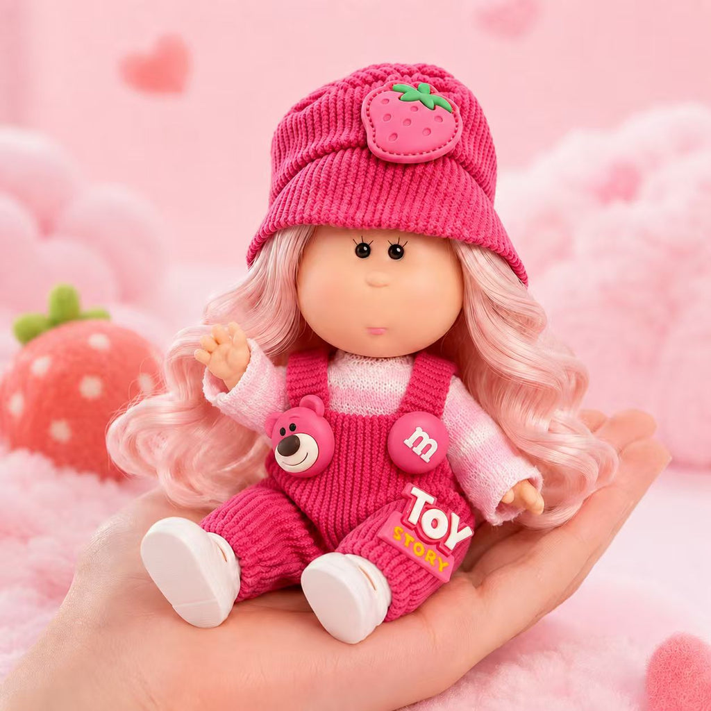 14cm MIA Potato Doll Keychain, Pink Wavy Hair Strawberry Knit Hat Pink Knit Overalls Sweet Girl Style Backpack Charm Holiday Gift