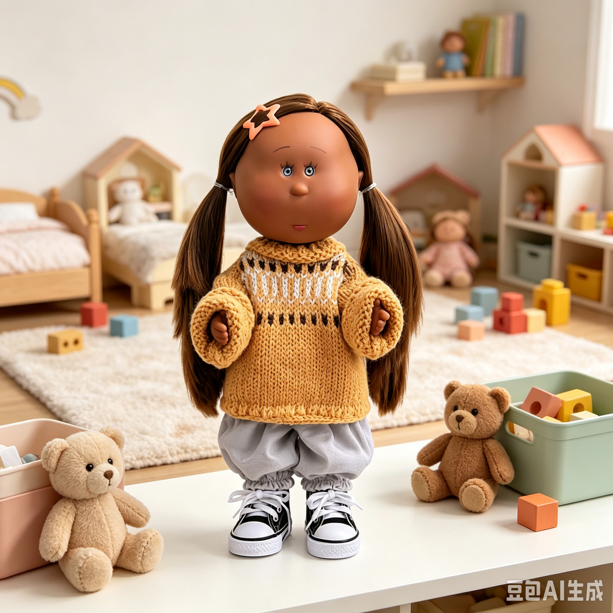 24cm MIA Potato Doll Brown Pigtails Knitted Sweater Outfit Star Hair Clip Removable Clothes Vinyl Collectible Toy