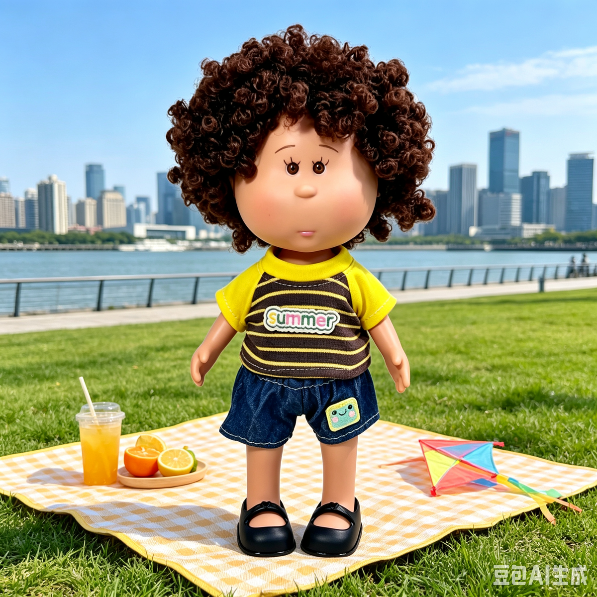 24cm MIA Potato Doll – Curly Brown Hair, Summer Casual Outfit, Denim Shorts, Black Leather Shoes. Boy‑style daily play doll—perfect as a birthday, Christmas, Children’s Day gift for imaginative play.