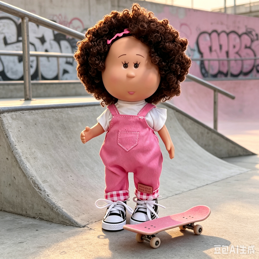24cm MIA Potato Doll — Fluffy curly brown hair, pink headband, white ruffled-sleeve top, pink denim overalls, canvas shoes — Casual handmade-style outfit, dress-up doll; suitable for collectors and children; ideal for birthdays and Christmas gifts.