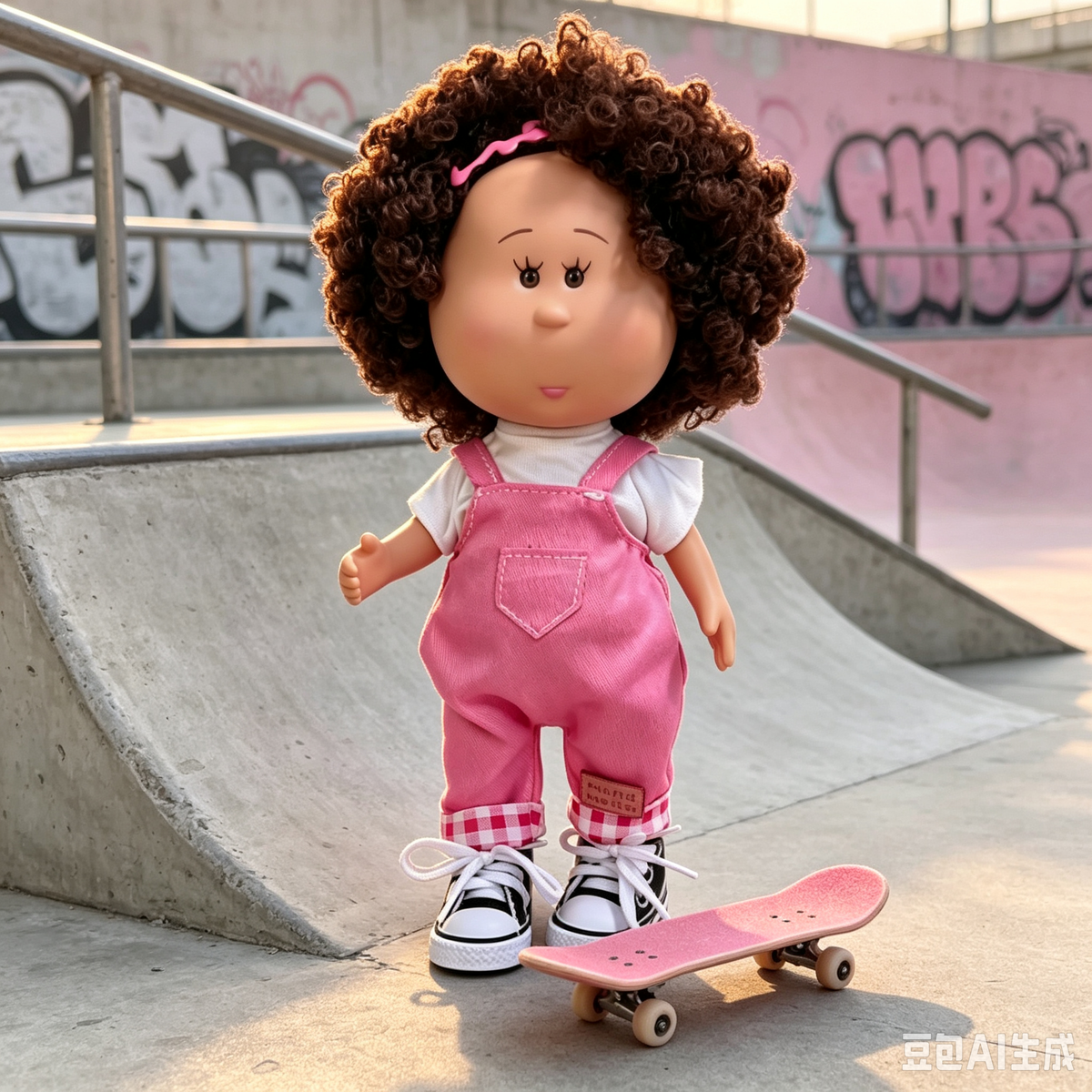 24cm MIA Potato Doll — Fluffy curly brown hair, pink headband, white ruffled-sleeve top, pink denim overalls, canvas shoes — Casual handmade-style outfit, dress-up doll; suitable for collectors and children; ideal for birthdays and Christmas gifts.